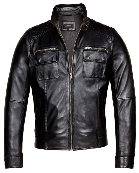 Black-Corbani-Genuine-Racer-Leather-Jacket-Front-Zip-Open