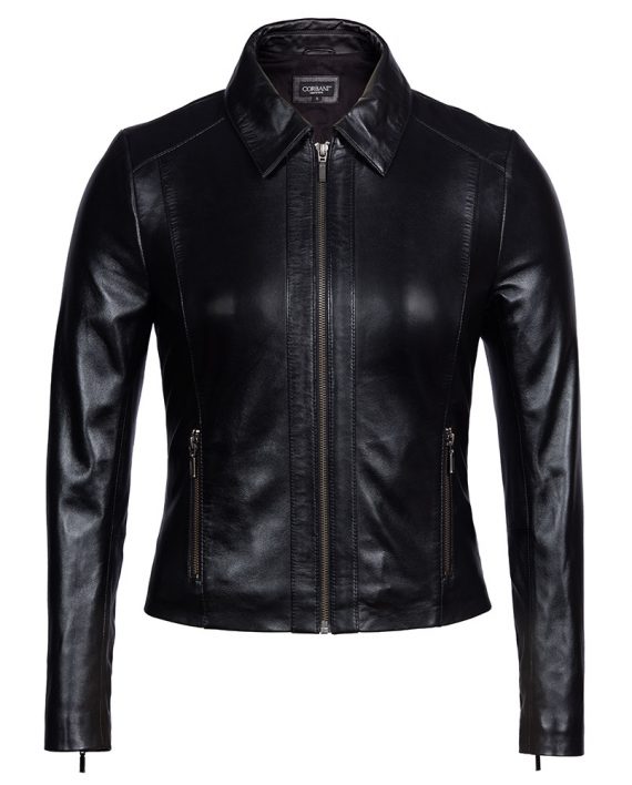Black-Corbani-Genuine-Shirt-Collar-Scuba-Leather-Jacket-Front-Zipped