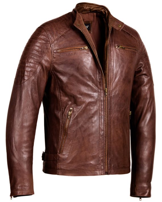 Brown-Corbani-Racer-Leather-Jacket-With-Quilt-Front-Side-Zip-Open